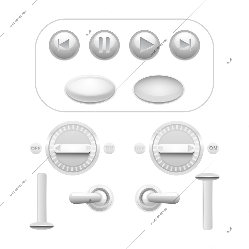 Realistic analog button and trigger set white isolated vector illustration