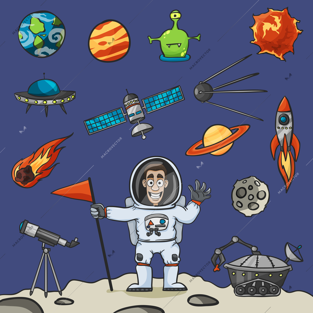 Space elements set with rocket ufo satellite and astronaut vector illustration