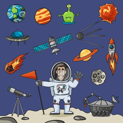 Space elements set with rocket ufo satellite and astronaut vector illustration