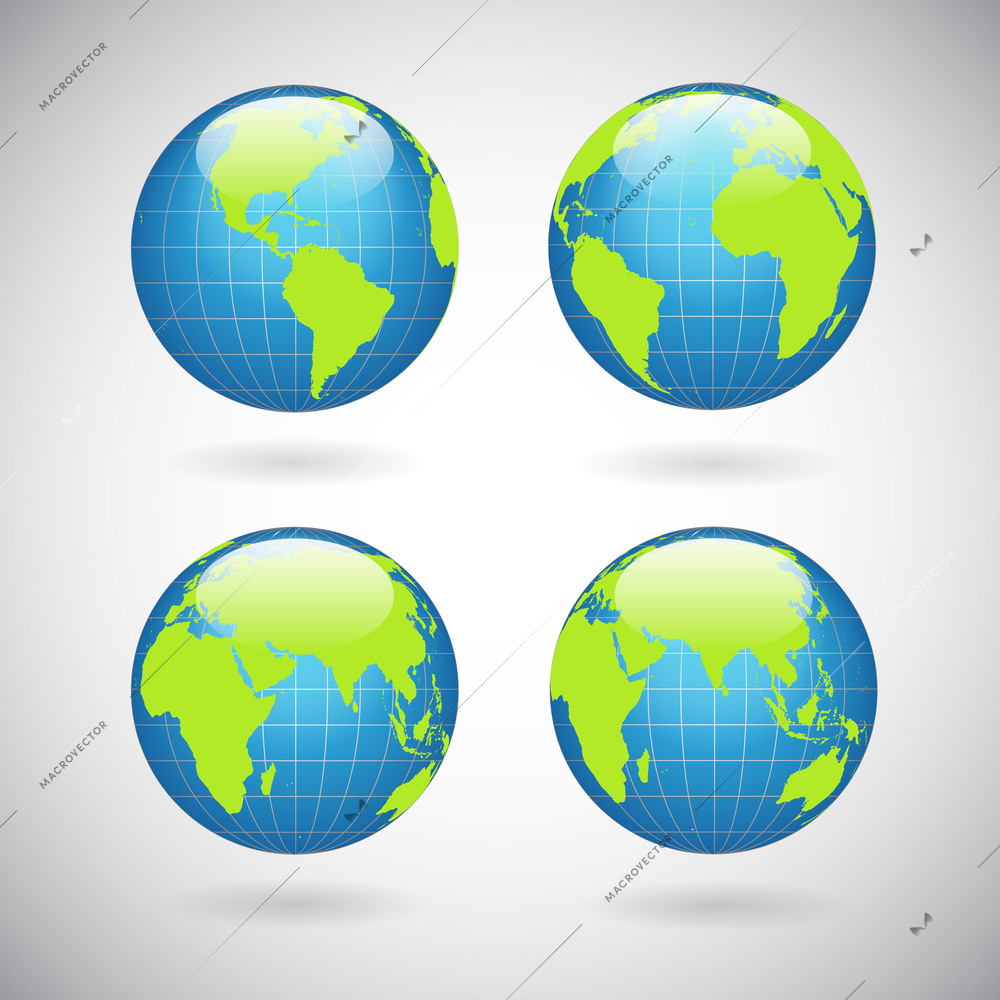 Earth globe icons set with world map continents and oceans isolated vector illustration