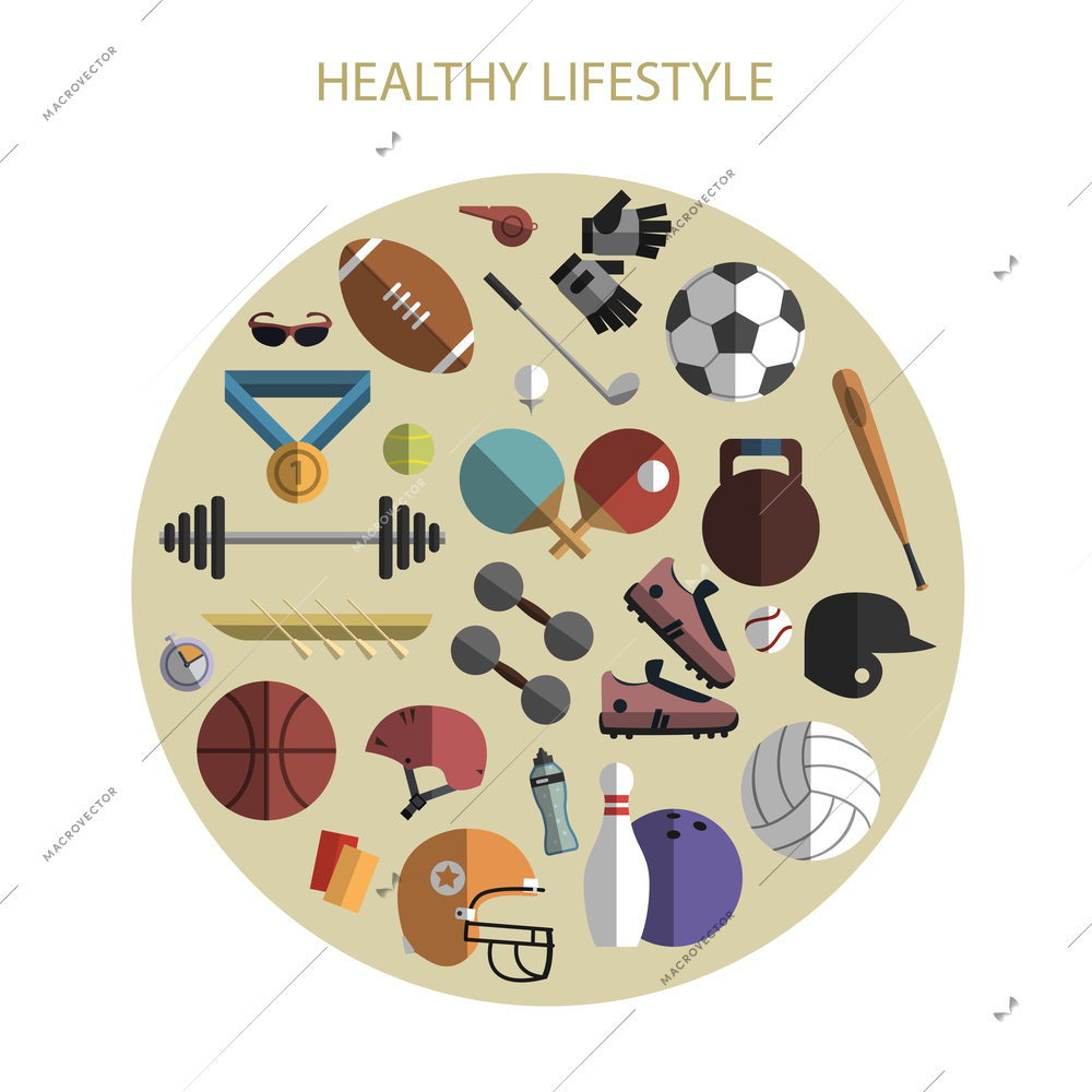 Healthy life style sport equipment and accessories flat icons composition circle print poster abstract vector illustration