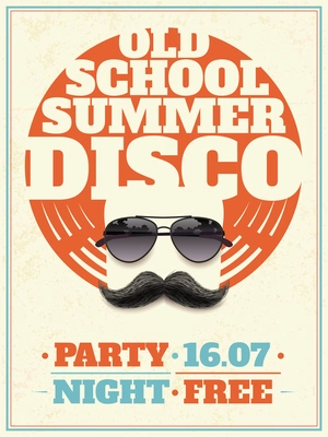 Old school summer disco retro poster with hipster moustache and aviator sunglasses with reflection vector illustration