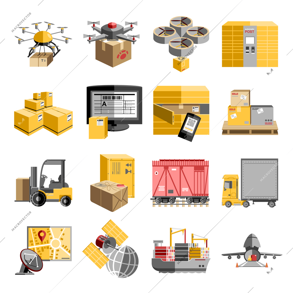 New logistics unmanned decentralized delivery systems flat pictograms collection with flying drone  robots abstract isolated vector illustration