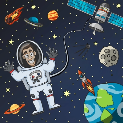 Cartoon astronaut in space with satellite moon earth and flying saucer on background vector illustration