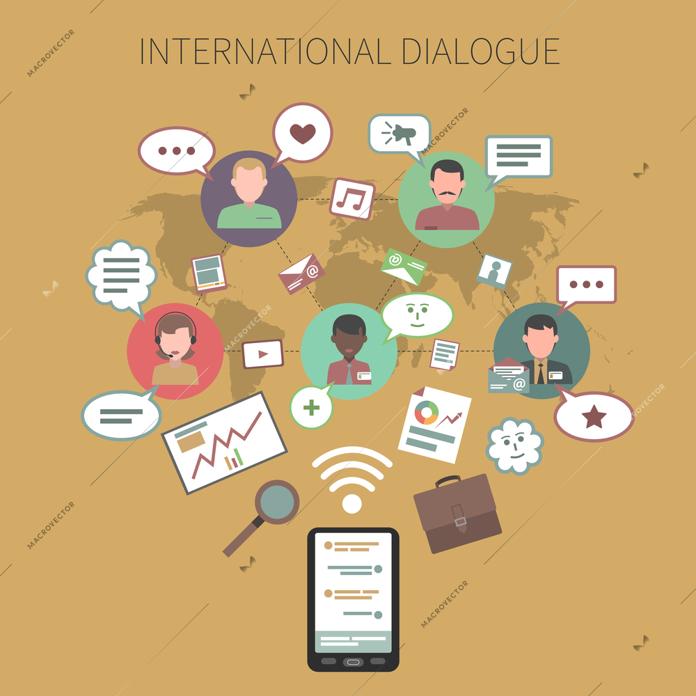 International dialogue concept with chart symbols and world map vector illustration