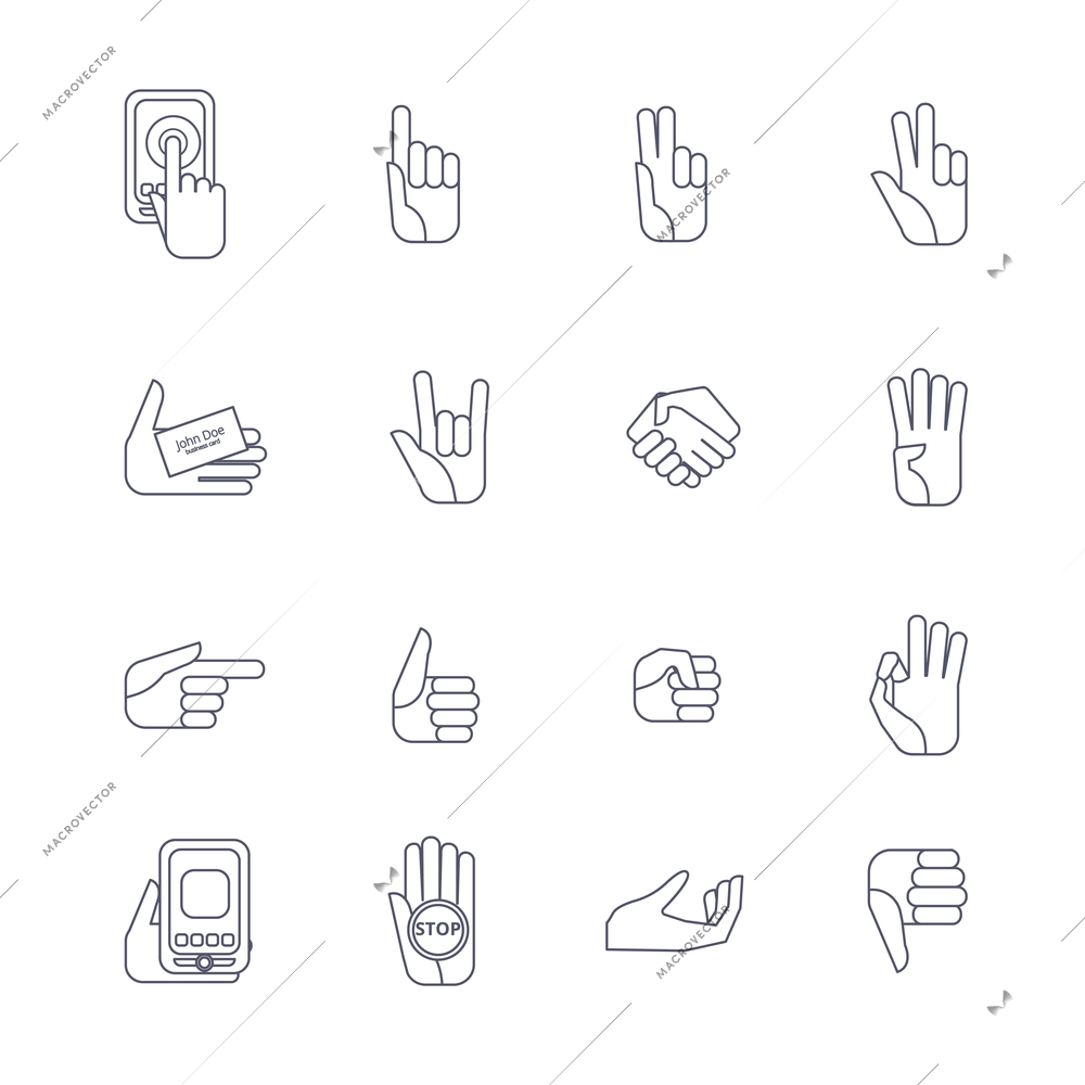 Body language hand gestures icons collection set for like dislike symbols outlined contour abstract isolated vector illustration