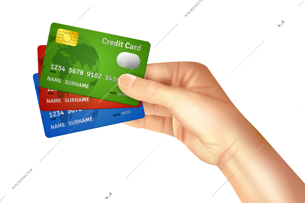 Realistic hand holding chip plastic credit cards isolated on white background vector illustration