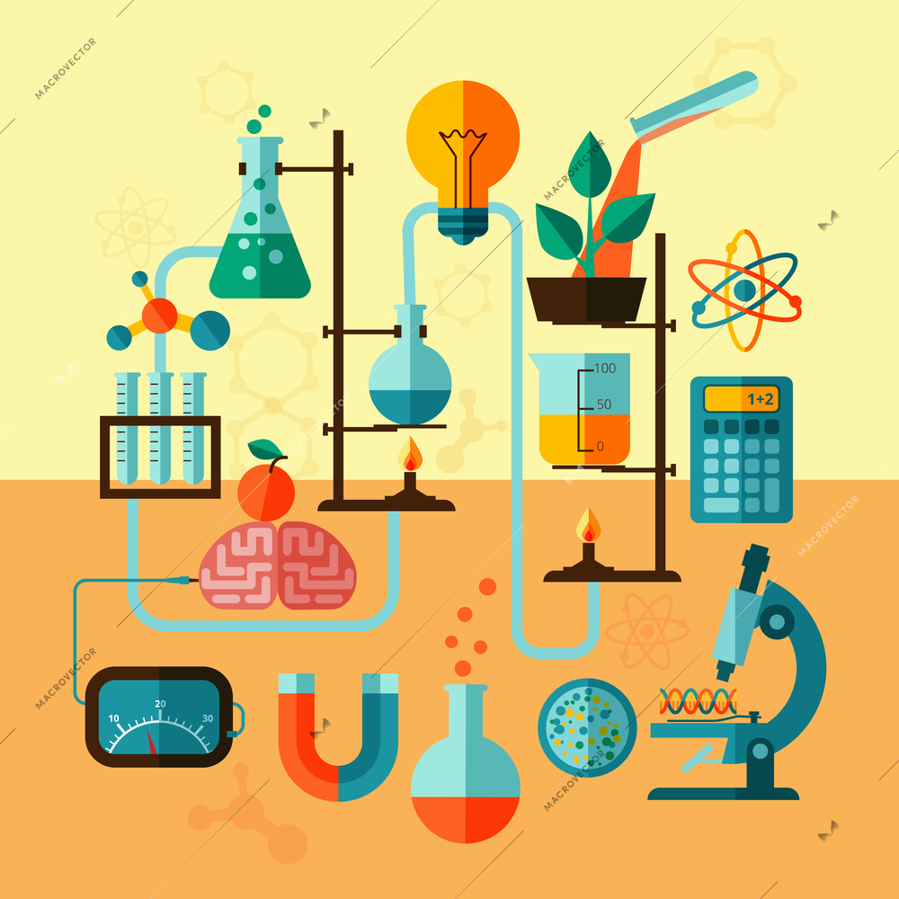 Scientific research biological chemistry laboratory equipment with calculator atom symbol and microscope poster flat abstract vector illustration