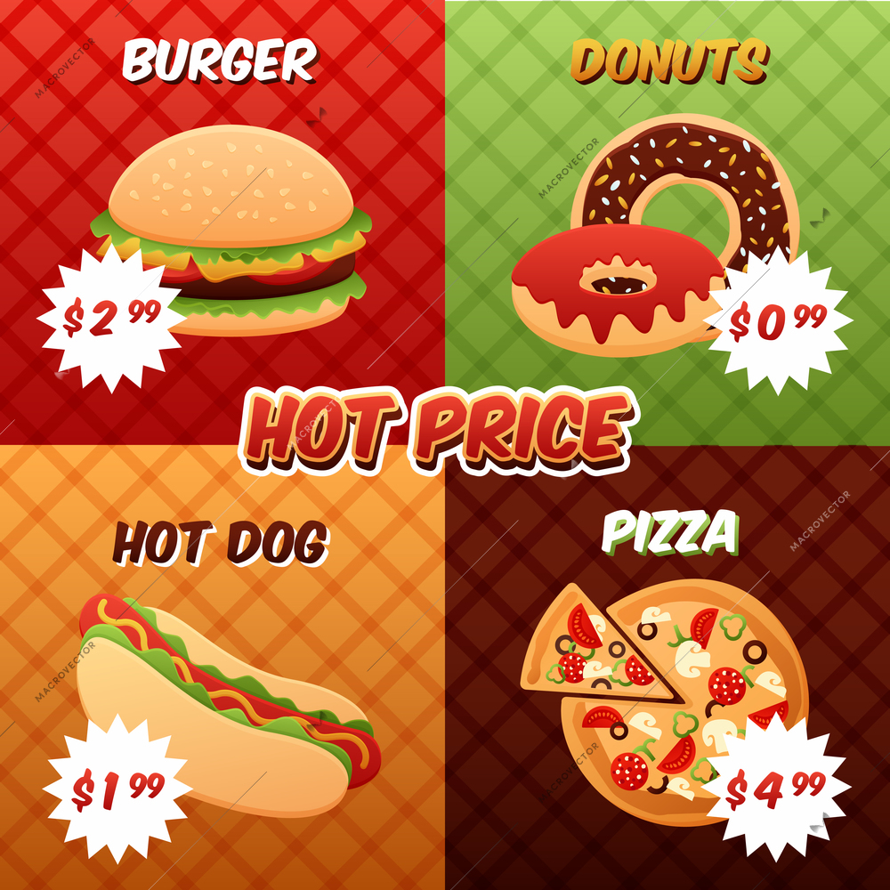 Fast food mini poster set with burger donuts hot dog pizza promos isolated vector illustration