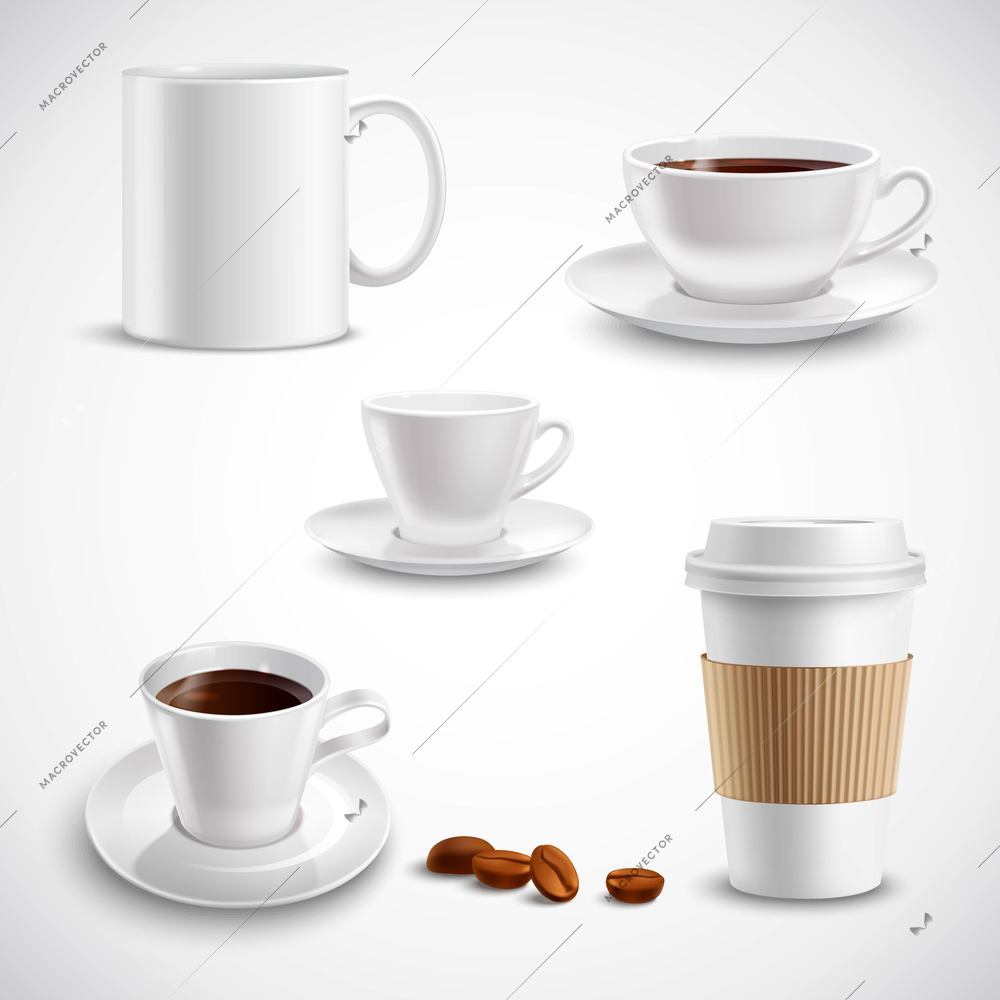 Realistic coffee set with paper cup china mug porcelain saucer isolated vector illustration