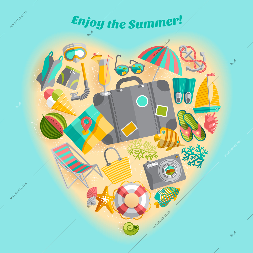 Enjoy the summer holiday travel icons heart shaped composition poster with beach swimming accessories abstract vector illustration