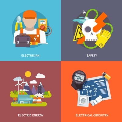 Electricity design concept set with electrician safety energy and circuitry flat icons isolated vector illustration