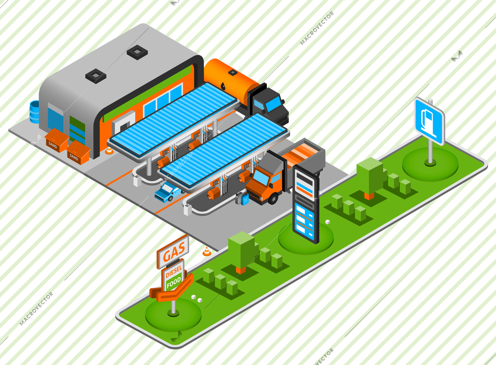 Gasoline and diesel power fuel plastic construction toy station with food shop isometric composition abstract vector illustration