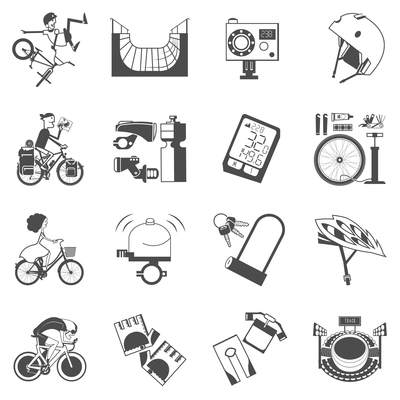 Mountain extreme track sport bikes and city roads cycling accessories black icons collection abstract vector isolated illustration