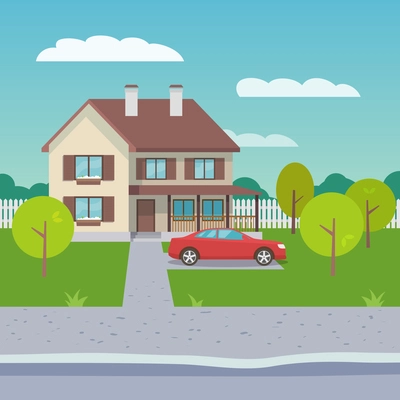 Family house village or town suburb property building with car flat vector illustration