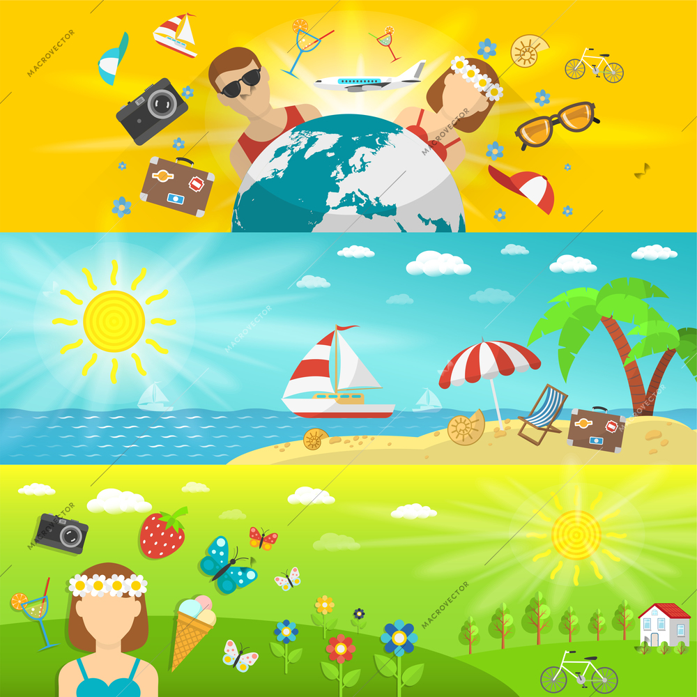 Summer vacations and travel with seaside forest and fields horizontal banners set flat isolated vector illustration