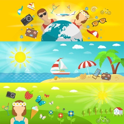 Summer vacations and travel with seaside forest and fields horizontal banners set flat isolated vector illustration