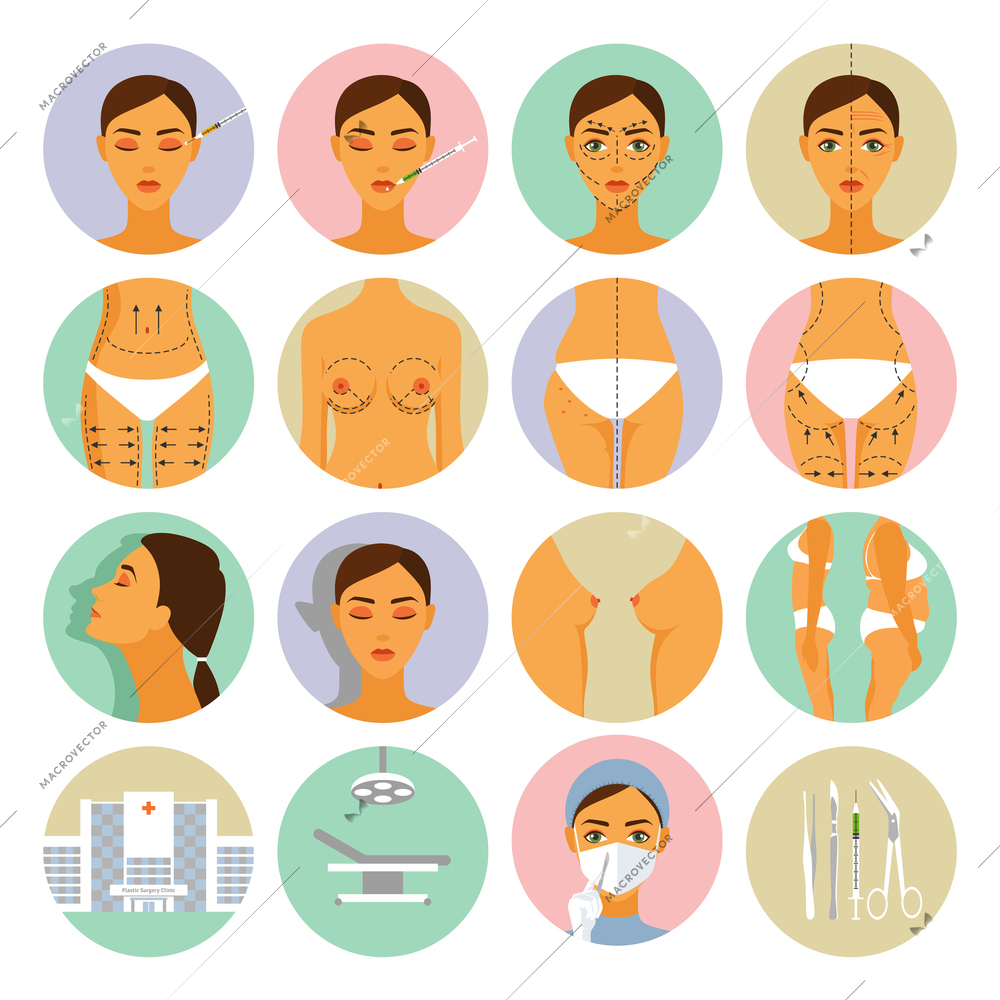 Plastic surgery for women anti age methods round icons set flat isolated vector illustration