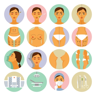 Plastic surgery for women anti age methods round icons set flat isolated vector illustration