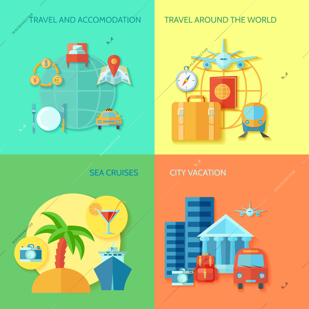 Travel design concept set with accomodation sea cruises and city vacation flat icon set isolated vector illustration