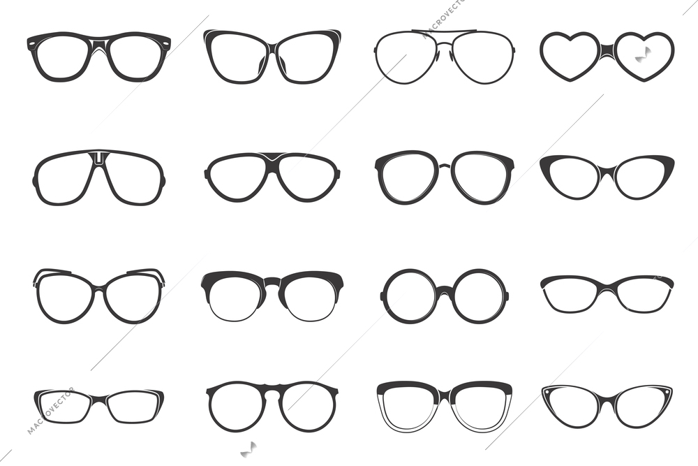 Eyeglasses fashion accessory flat black icons set isolated vector illustration