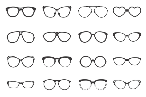 Eyeglasses fashion accessory flat black icons set isolated vector illustration