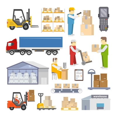 Warehouse icons flat set with shipping and delivery objects isolated vector illustration