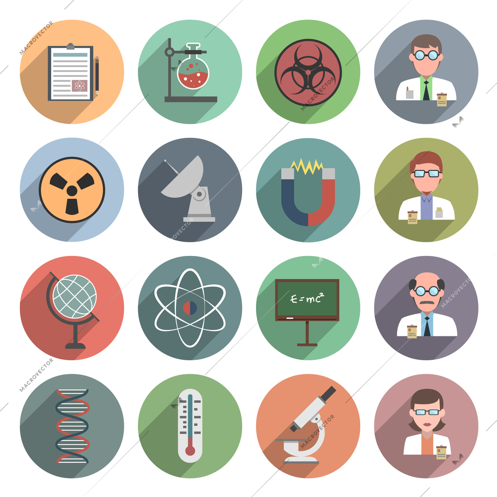 Science icon flat set with dna atom globe and magnet isolated vector illustration