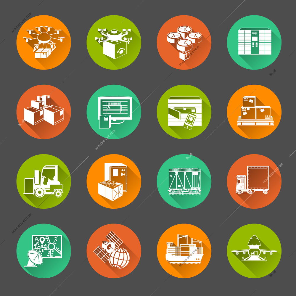 New automatic sorting and delivery logistics systems flat round slant shadow icons set abstract isolated vector illustration