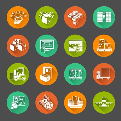 New automatic sorting and delivery logistics systems flat round slant shadow icons set abstract isolated vector illustration