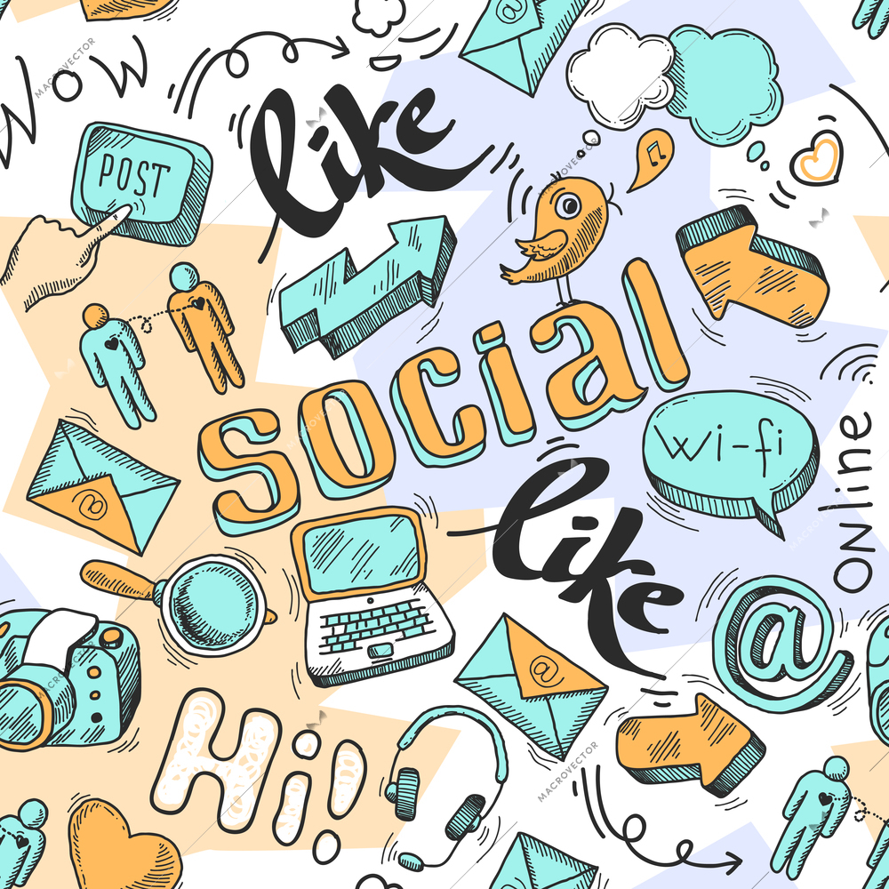 Seamless doodle social media pattern background vector illustration