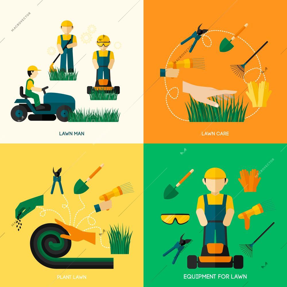 Lawn design concept set with worker man plant equipment and care flat icons isolated vector illustration