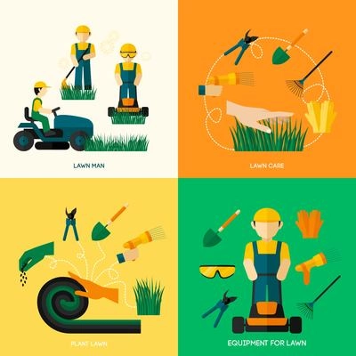 Lawn design concept set with worker man plant equipment and care flat icons isolated vector illustration