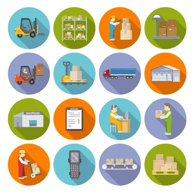 Warehouse stock and industrial storage icons flat set isolated vector illustration