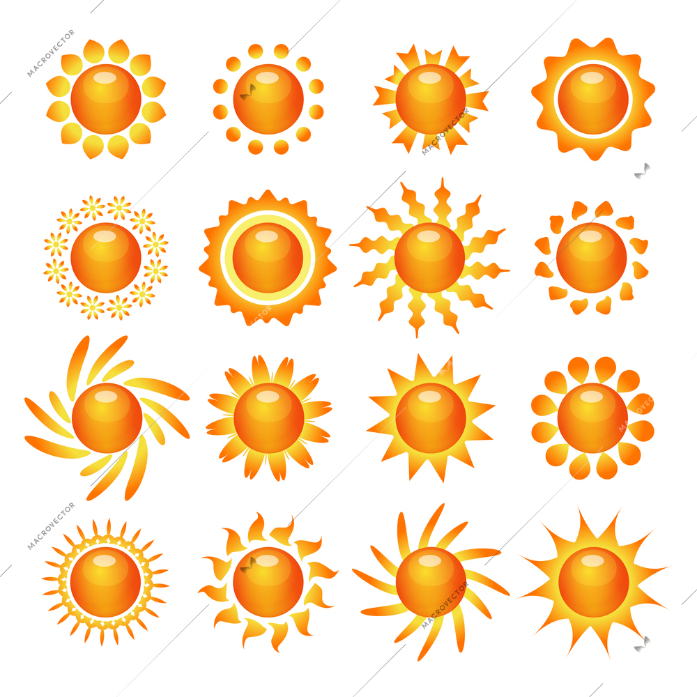 Funny bright sun symbol pictograms collection for decoration and expressing mood and emotion abstract isolated vector illustration