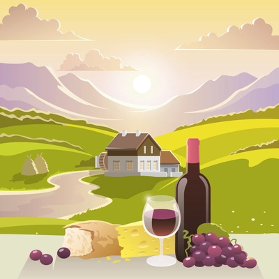 Wine cheese and bread with mountain landscape and country house on background vector illustration