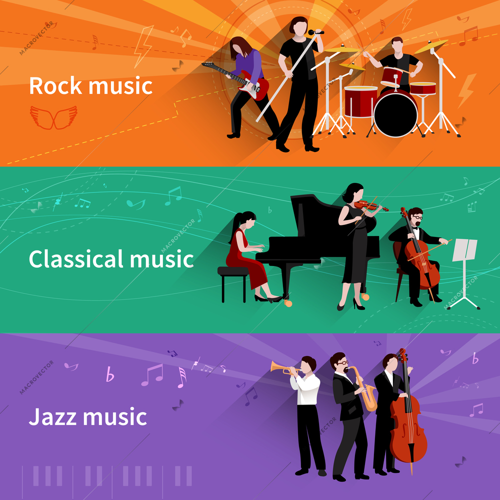 Musicians horizontal banner set with rock classical jazz music elements isolated vector illustration