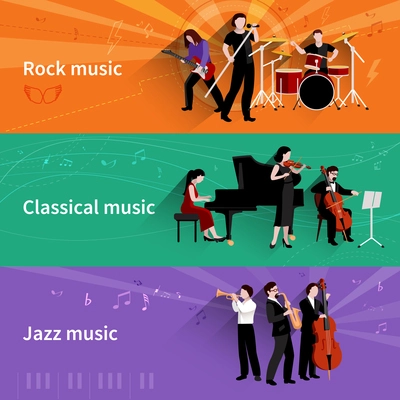 Musicians horizontal banner set with rock classical jazz music elements isolated vector illustration