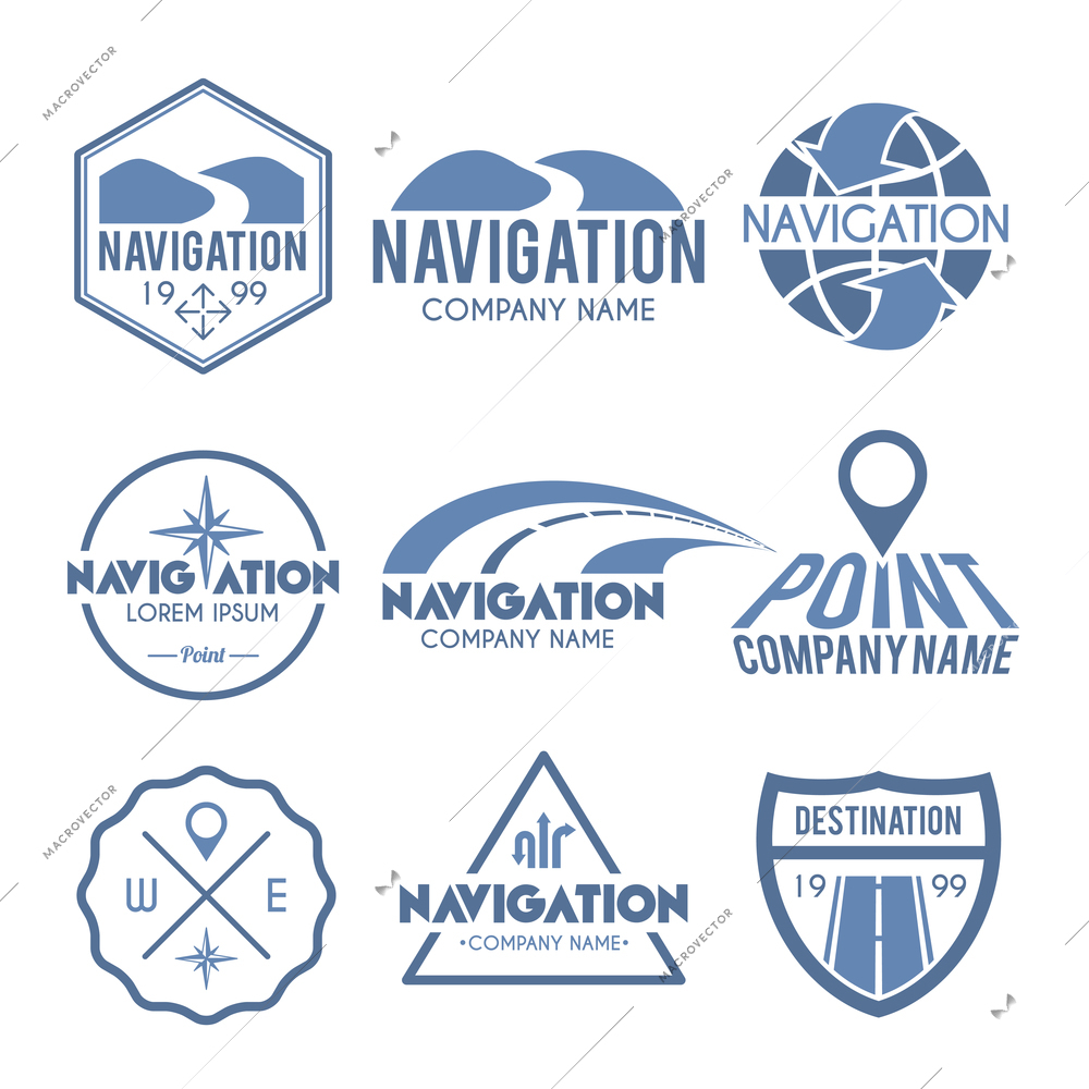 Navigation label grey set with route search global positioning system elements isolated vector illustration