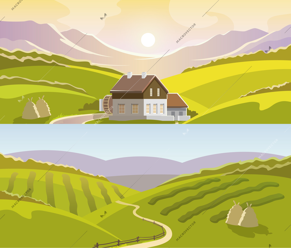 Mountain landscape horizontal banner set with crop on field and country house isolated vector illustration