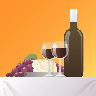 Red wine bottle and glasses with grape and cheese still life vector illustration