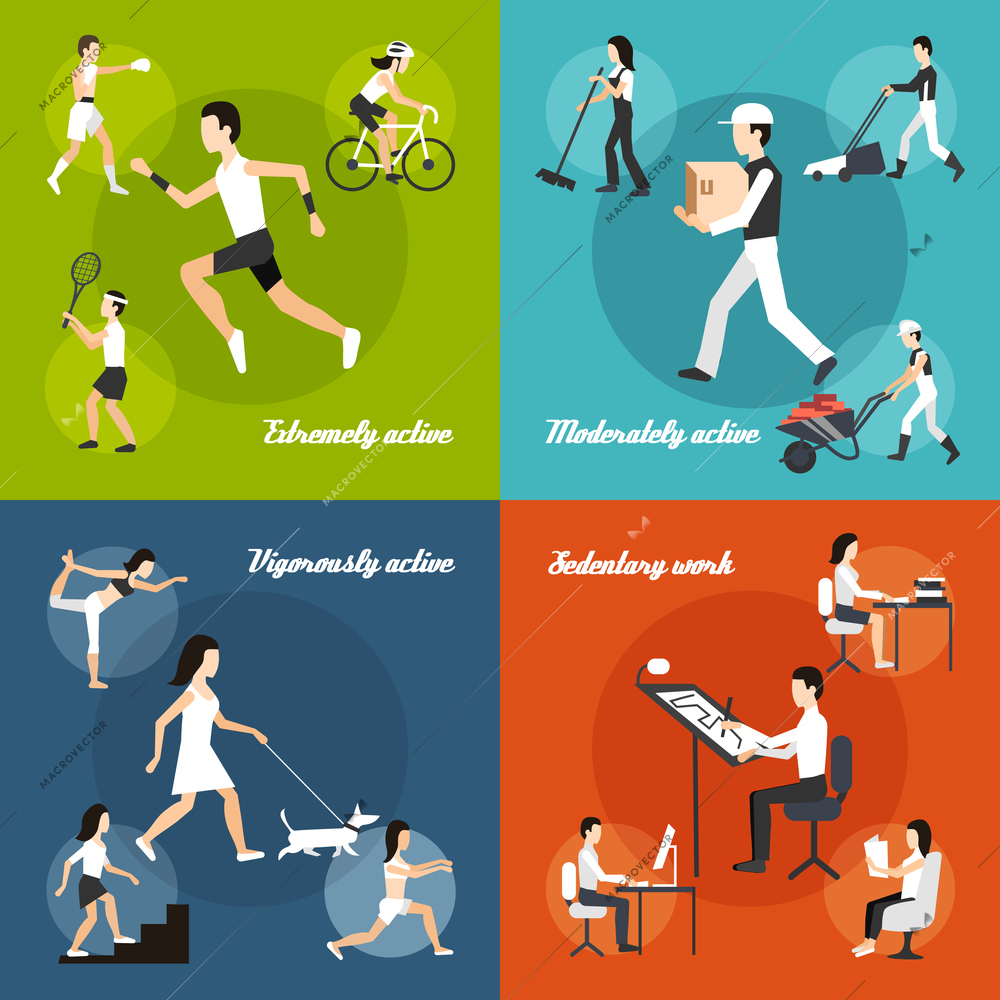 Physical activity design concept set with sedentary work flat icons isolated vector illustration