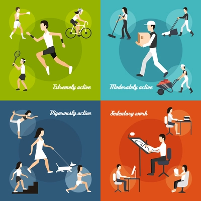 Physical activity design concept set with sedentary work flat icons isolated vector illustration