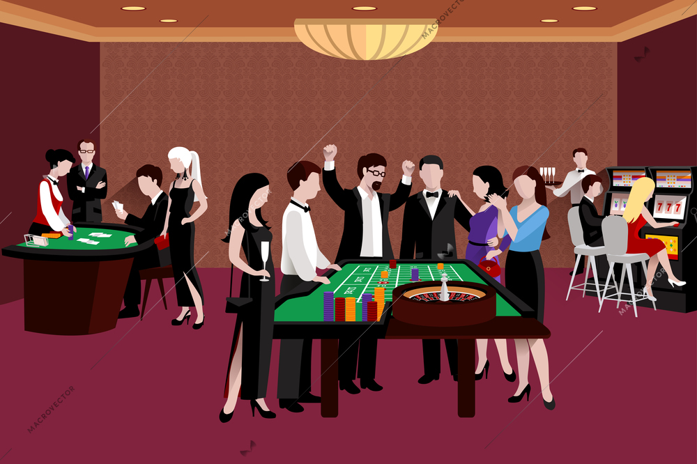 People in casino standing around the roulette table flat vector illustration