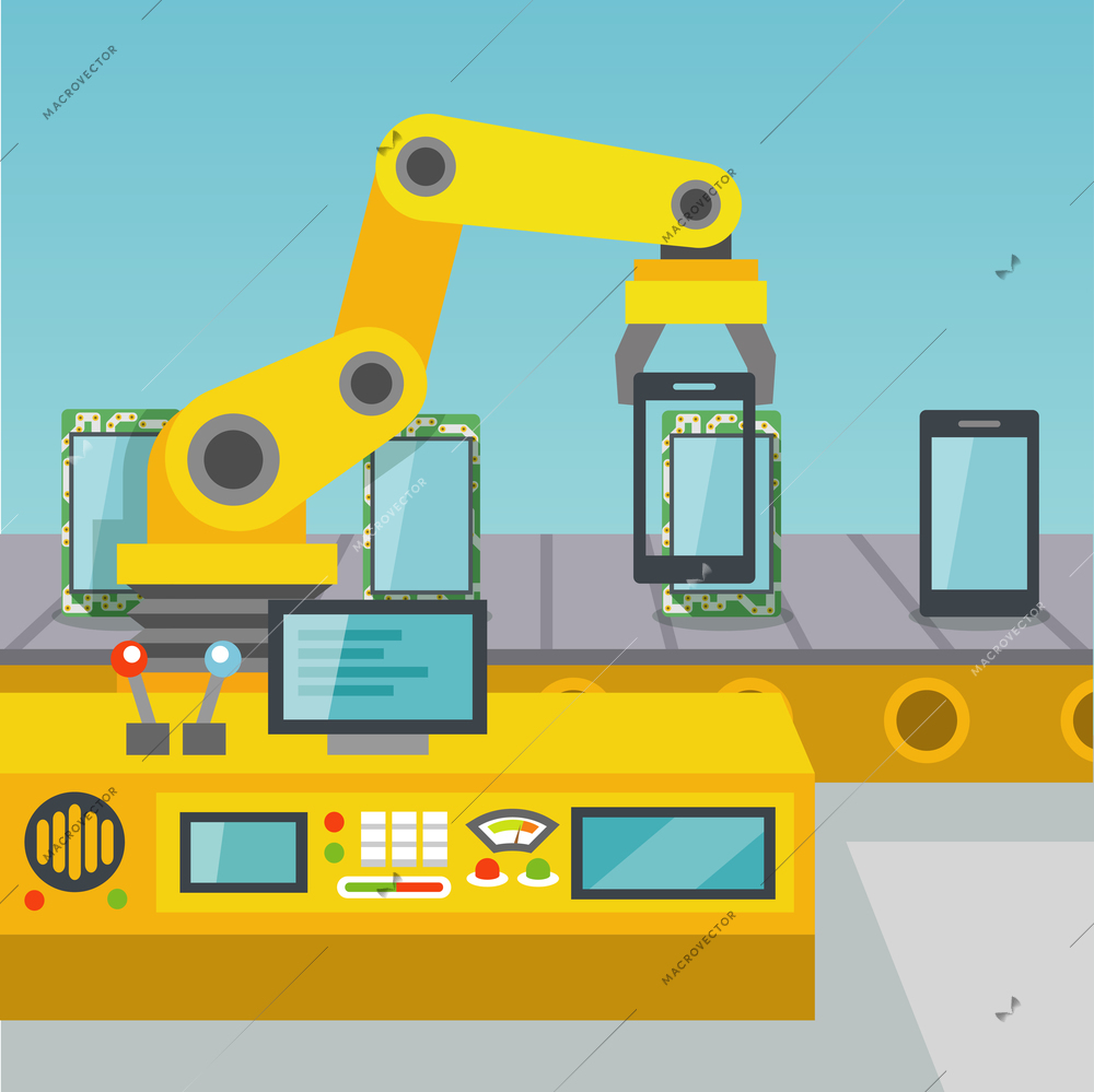 Robotic arm operator manufacturing mobile phones on factory flat vector illustration