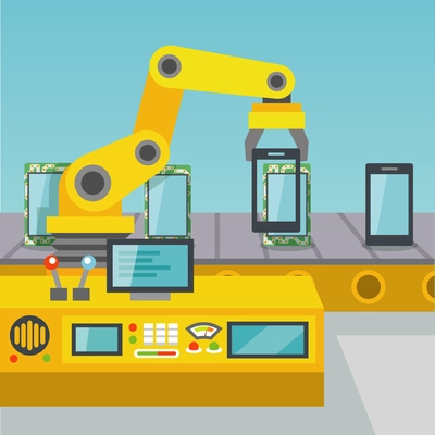 Robotic arm operator manufacturing mobile phones on factory flat vector illustration