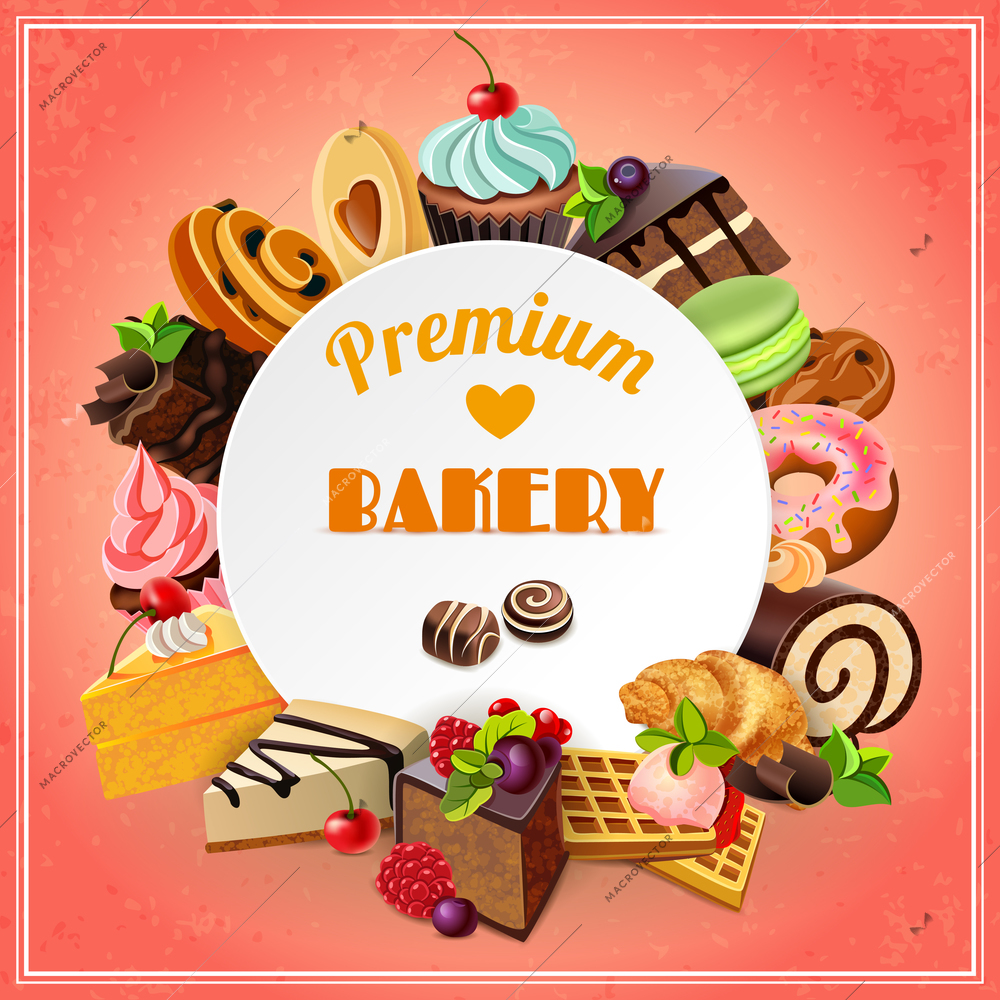 Premium bakery promo poster with different sweets cakes and pastry vector illustration