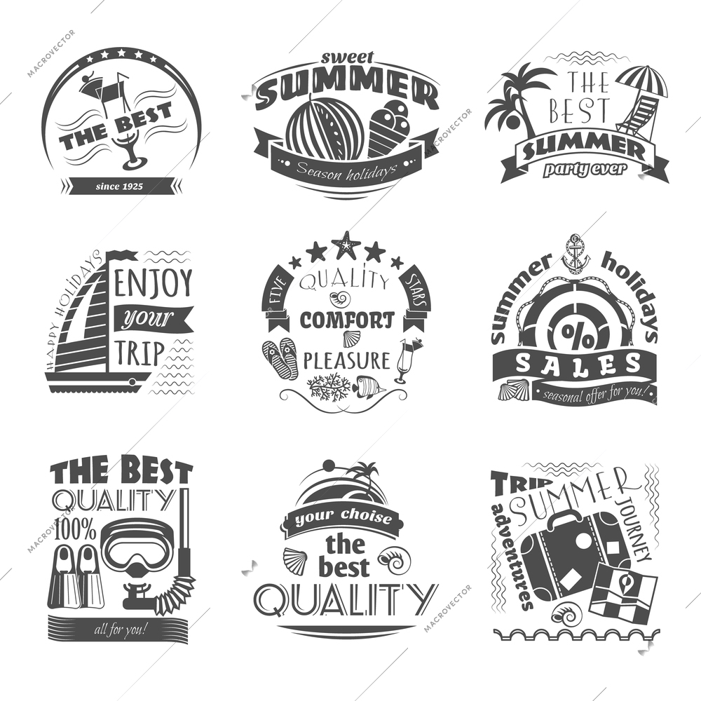 Tropical island vacation journey travel agency black labels set for best summer holiday abstract isolated vector illustration