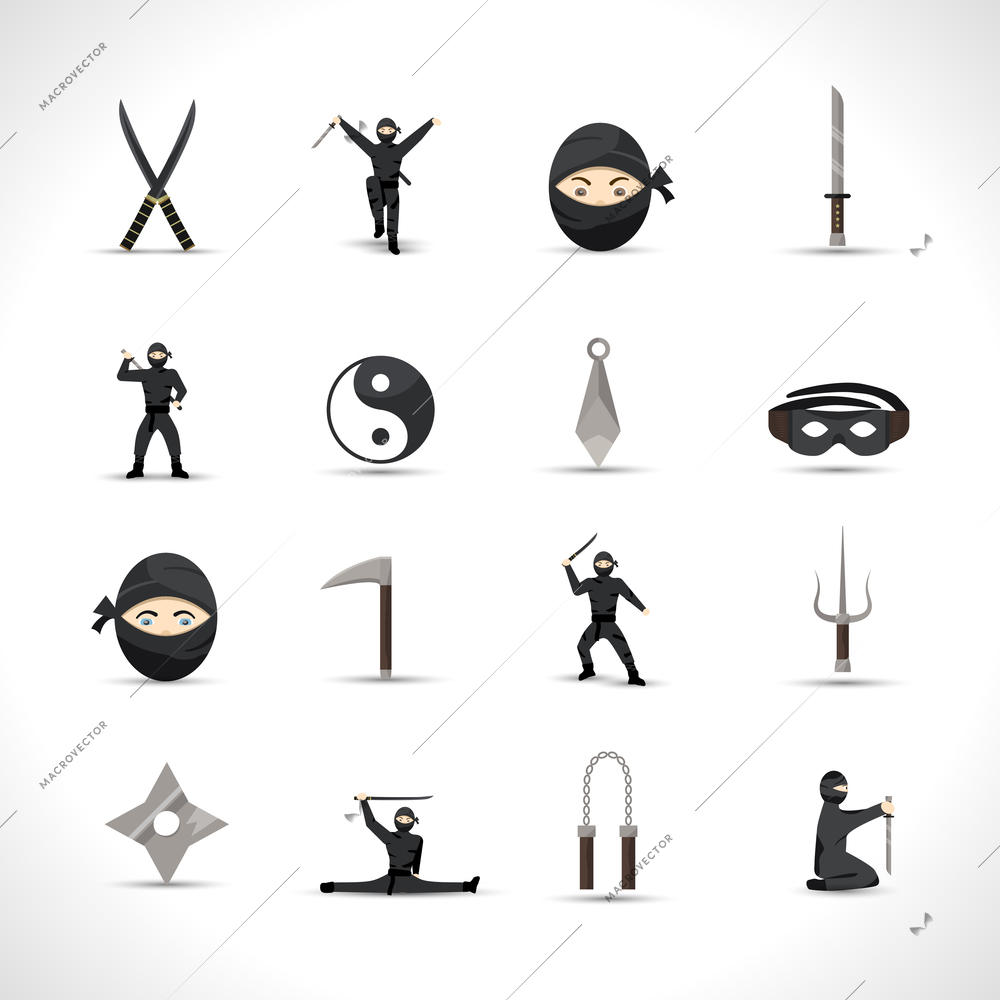 Ninja icons flat set with japanese men in traditional fighting costumes and weapon isolated vector illustration