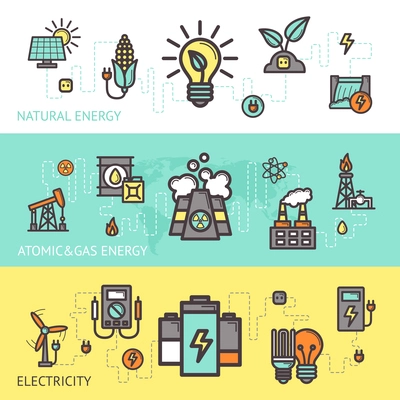 Energy horizontal banner set with natural atomic gas electricity elements isolated vector illustration